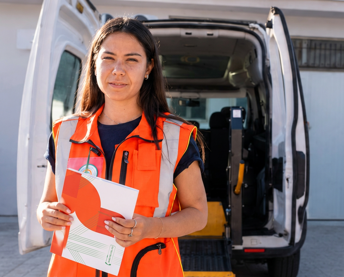 Operatrice Centro Italia Soccorsi davanti a un’ambulanza